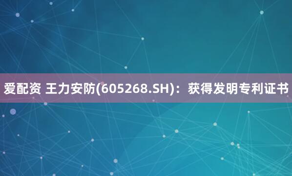 爱配资 王力安防(605268.SH)：获得发明专利证书